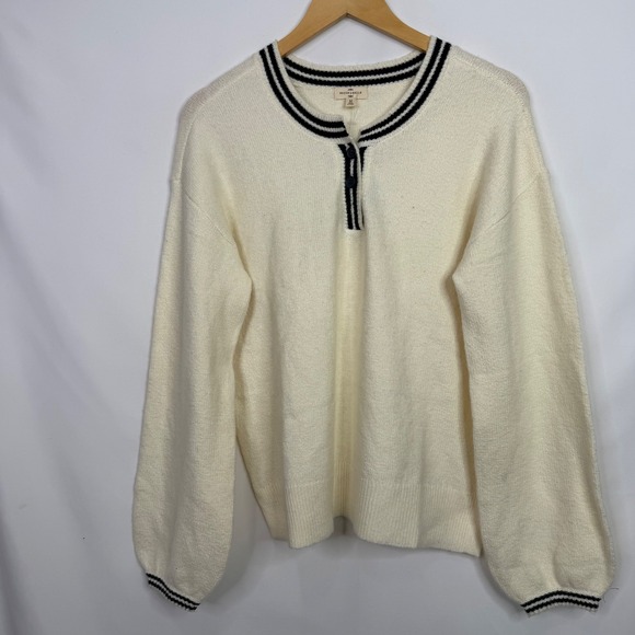 Mason & Belle Ivory Striped Trim Button Neck Knit Sweater Size M NWT - Picture 4 of 8